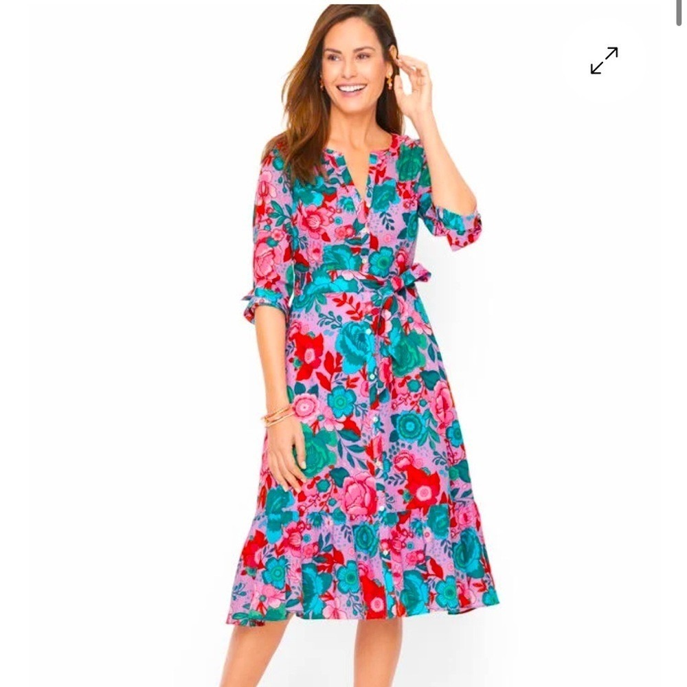 Talbots floral‎ button front shirt dress women's size 14